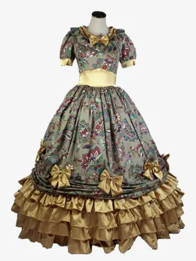 Light Brown  Retro Tudor Dress Costumes  Women's Floral Print Ruffles Bows Polyester Tunic Dress Marie Antoinette Costume Royal 